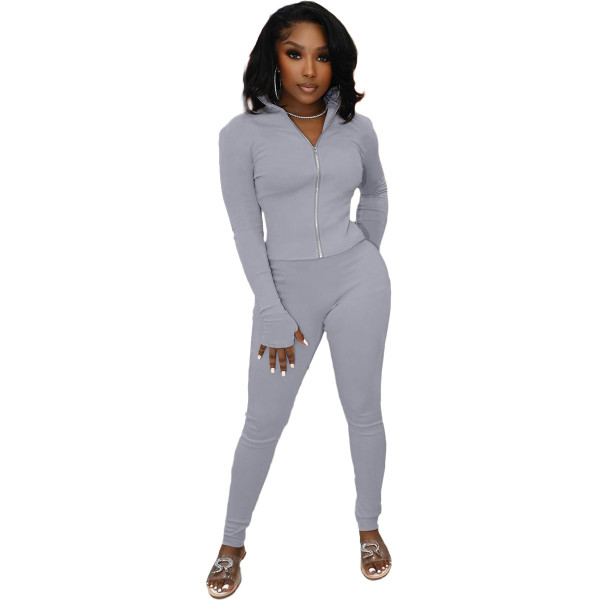Solid Color Grey High Neck Zipper Up Sports Two Piece Fall Set