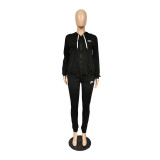 Casual Embroidery Letter Cardigan Pant Set with Hat