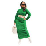 Solid Color Sweater Women High Neck Knit Long Dress without Belt