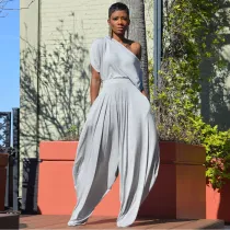 Grey Casual Solid Split Joint Fold Asymmetrical Cross-Shoulder Short Sleeve Two Pieces