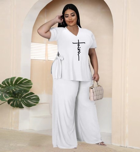 Plus Size Solid Printed V-Neck Short Sleeve Side Lace-Up Two-Piece Set