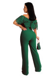 Women Slim Ruffle Off Shoulder Short Sleeve Solid Long Pants Jumpsuit with Belt