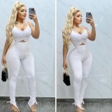 Solid Color Straps Crop Top and Trousers with Side Slit