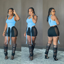 Sexy Solid Patchwork See-through Asymmetrical U Neck Tank Top Two Pieces Skirt Set