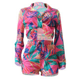 Women Printed Long Sleeve Cardigan Shirt Shorts Casual Set