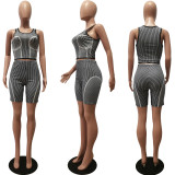 Fashion Striped Print Sleeveless Sports Crop Top and Shorts