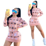 Autumn Winter Printed O Neck Sweater Dress