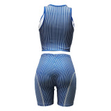 Fashion Striped Print Sleeveless Sports Crop Top and Shorts