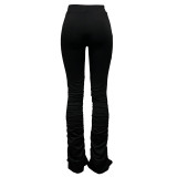 Solid Color Pleated Micro Flared Stacked Trousers