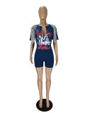 Blue Casual Hip Hop Printed Split Fringe Short Sleeve T-Shirt Rompers