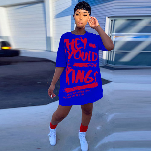 Casual Royal Blue Printed Letter Bat Sleeve Oversized Loose Shirt Dress