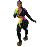 Women Colorful Ink-splash Print Crop Top Two Piece Outfits