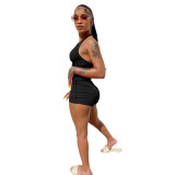 Solid Color Sexy Black Backless Halter Two Piece Shorts Women Set