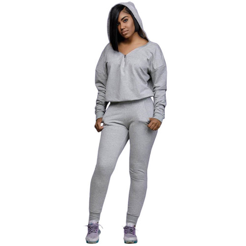 Casual Zipper V-neck Hooded Two Piece Pant Set