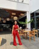 Solid Color Autumn Women's Sleeveless Irregular Top Slit Flared Pants Two Pieces
