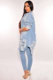 Women's Casual Distressed Ripped Single-breasted Long Denim Jacket