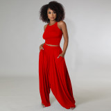 Red Casual Knitted Straps Backless Top & Pleated Harem Pants