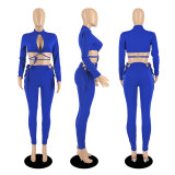 Fashion Women's Long Sleeves Open Front Bandage Crop Top Outfits Club 2pcs