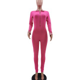 Pink Plaid Patchwork Zipper Up Long Sleeve Turn-down Neck Skinny Jumpsuit