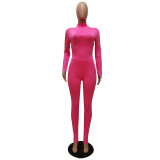 Solid Turtleneck Long Sleeve Bodycon Bodysuit Sports Elasticity Two Piece Pant Set