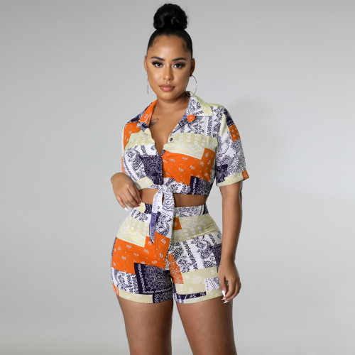 Fashion Casual Paisley Bandage Shirt Two Piece Summer Set