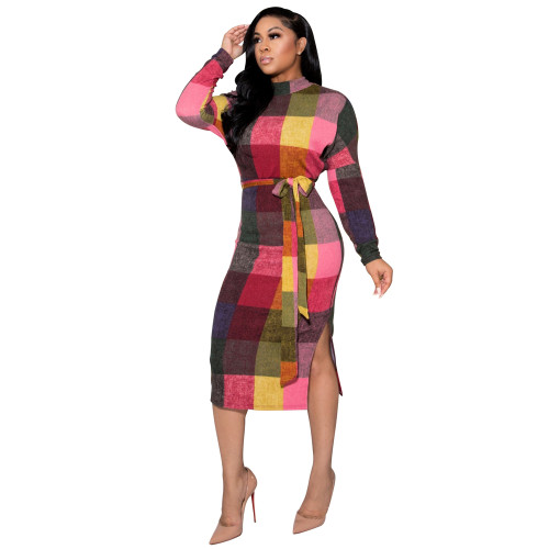 Casual Contrast Print Midi Dress with Belt