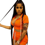 Orange Solid Zip Up Cardigan Cropped Hooded Two Piece Short Set