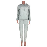 Solid Color Multi Pocket Hoodie Sports Pant Set
