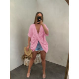 Pink Solid Loose Birdy Cotton Wrinkled Twist Front V-neck Shirt
