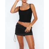 Solid Color Shirred Elastic Buckle Athleisure Pocket Cargo Skirts