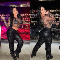 Solid Color PU Leather Stacked Trousers Women Faux Leather Pants