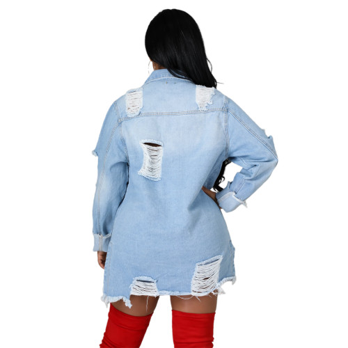 Women Jacket Fringe-breasted Hole Denim Trench Dress