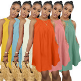 Orange Solid Color Sleeveless Crew Neck Pleated Cotton Mini Dress with Pocket