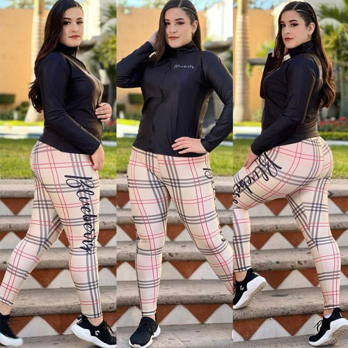 Casual Plaid Temperament Turtleneck Zipper Women Printed Two Piece Pant Set