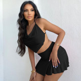 Black Sexy Halter Backless Pleated Two Piece Skirt Set