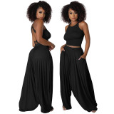 Black Casual Knitted Straps Backless Top & Pleated Harem Pants