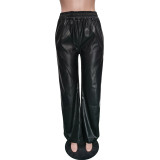 Women's Faux Leather Wide Leg Pants Vintage High Waist PU Leather Palazzo Pants