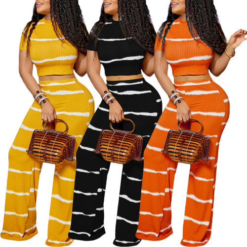 Casual Striped Print Pit Cropped Top and Wide-leg Pants