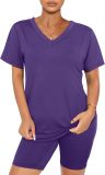 Fashion Solid Color V Neck Short Sleeve Shorts Set