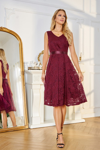 Summer Sexy Lace V Neck Sleeveless Pleated Dress