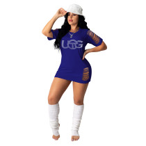 Blue Hotfix Rhinestone Fashion Dress Burnt Flower Ripped Sexy Short Dress