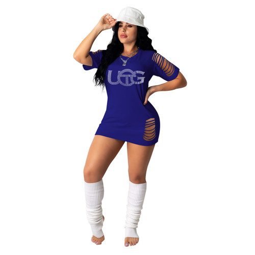 Blue Hotfix Rhinestone Fashion Dress Burnt Flower Ripped Sexy Short Dress