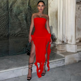 Solid Color Slits Strapless Fungus Long Skirt Stitching Bandeau Dresses