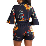 Hot Fashion Plunge Neck Half Sleeve Floral Printed Tie Waist Rompers