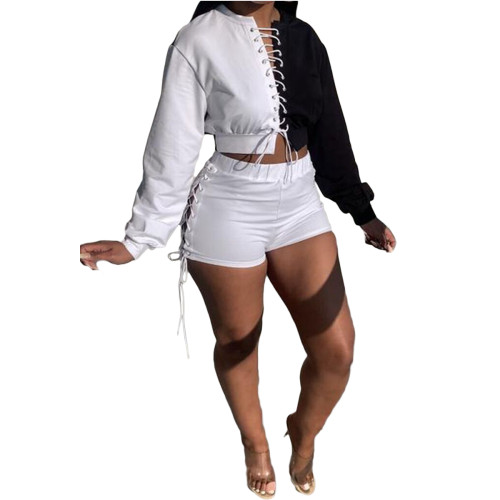 Autumn Color Matching Long Sleeve Eyelet Lace-up Top and Shorts