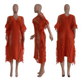 Solid Color Manual Knitted Sheer Fringed Dress