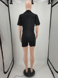 Solid Color Single-breasted Turndown Neck Summer Two Piece Short Set