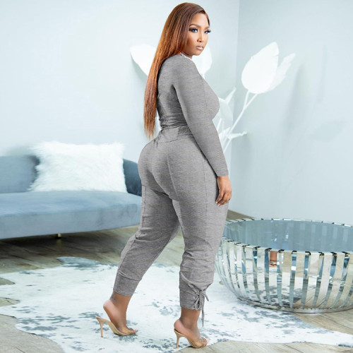 Grey Casual Solid Bandage Patchwork V Neck Plus Size Two Pieces Pant Set
