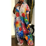 Plus Size Splash Ink Printed Loose Jumpsuit