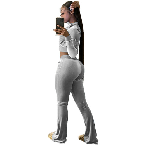 Autumn Winter Grey Velvet Sports Sweatshirt Crop Top and Trousers